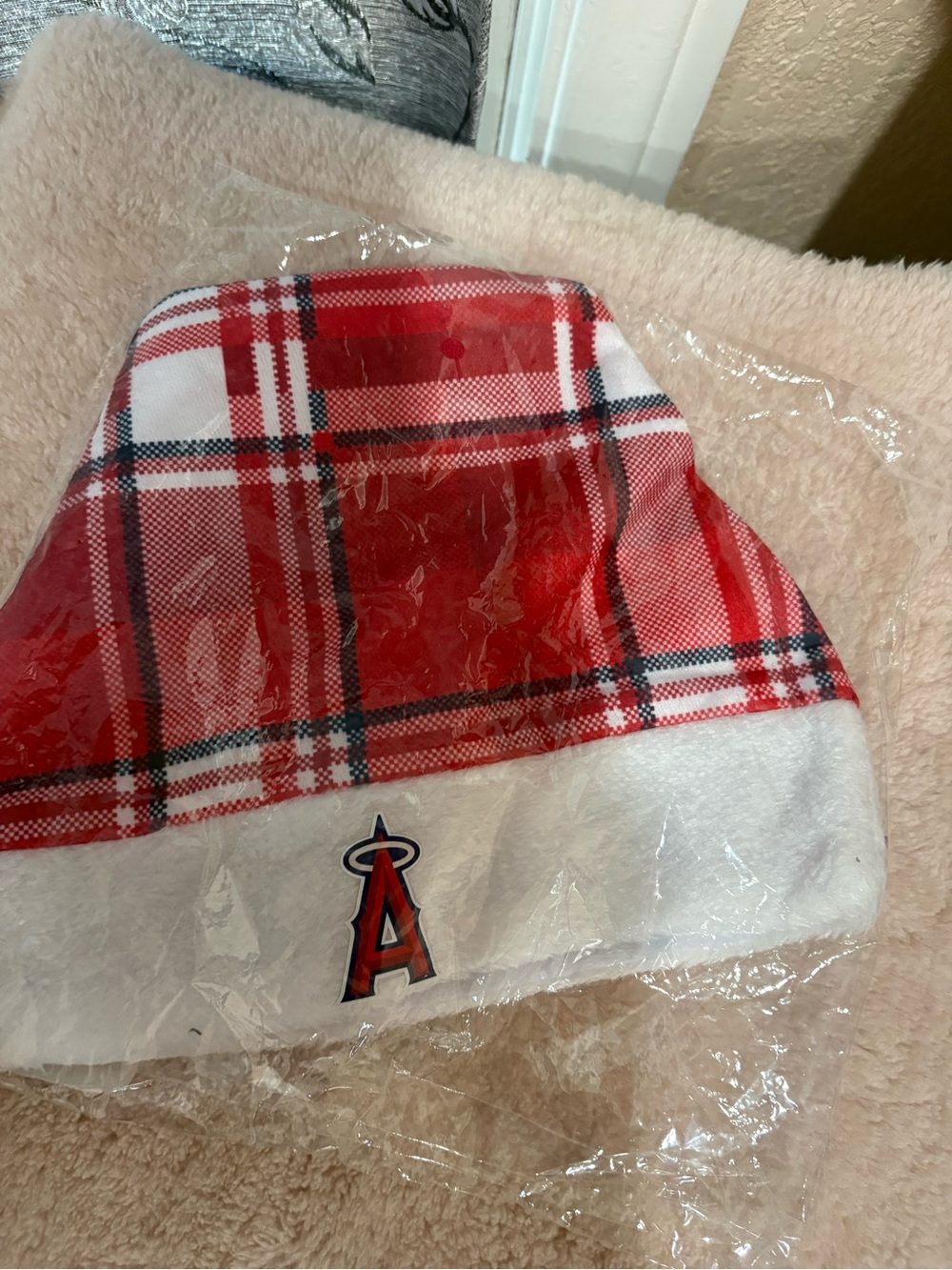 Angels Red White Plaid Santa Hat